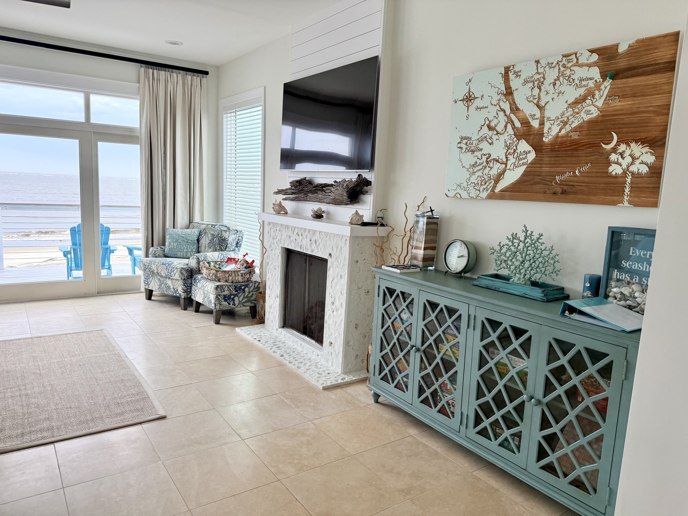 Bright oceanfront living room at Blue Horizon